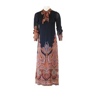1970s necktie, paisley print maxi dress made in france
